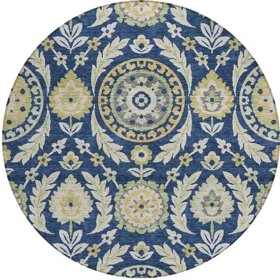 8' Navy Blue Gold And Beige Round Floral Washable Indoor Outdoor Area Rug Photo 6