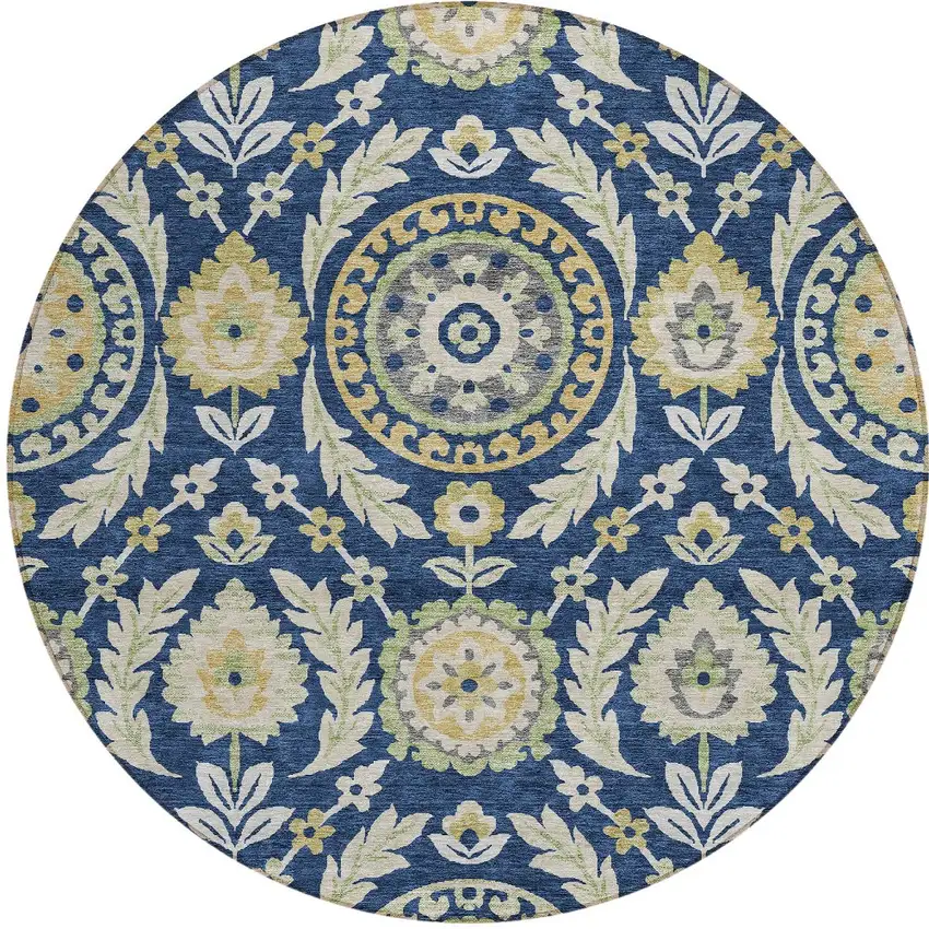 8' Navy Blue Gold And Beige Round Floral Washable Indoor Outdoor Area Rug Photo 6