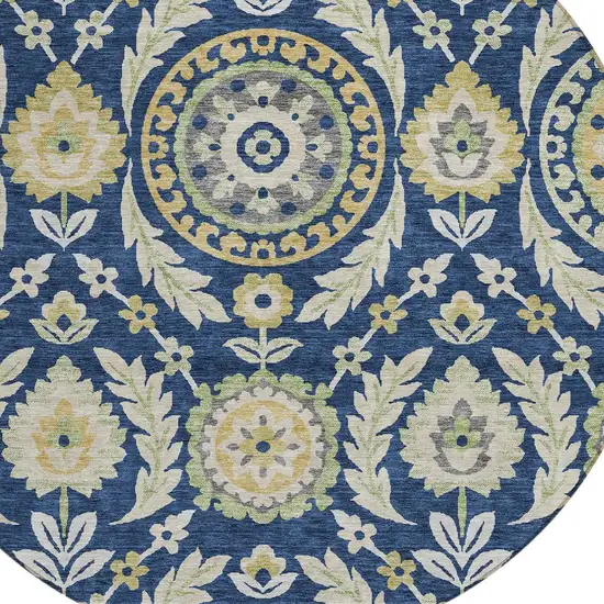 8' Navy Blue Gold And Beige Round Floral Washable Indoor Outdoor Area Rug Photo 4
