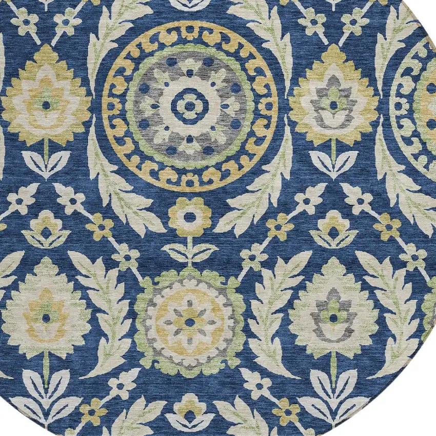 8' Navy Blue Gold And Beige Round Floral Washable Indoor Outdoor Area Rug Photo 4