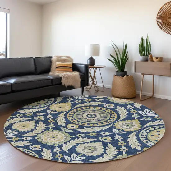 8' Navy Blue Gold And Beige Round Floral Washable Indoor Outdoor Area Rug Photo 8