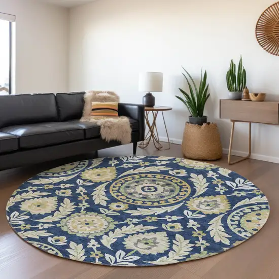 8' Navy Blue Gold And Beige Round Floral Washable Indoor Outdoor Area Rug Photo 8