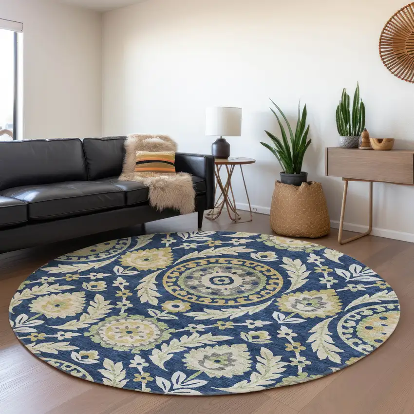 8' Navy Blue Gold And Beige Round Floral Washable Indoor Outdoor Area Rug Photo 8