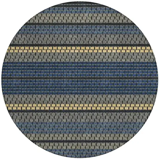 8' Navy Blue Gold And Black Round Striped Washable Indoor Outdoor Area Rug Photo 3