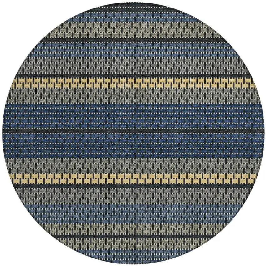 8' Navy Blue Gold And Black Round Striped Washable Indoor Outdoor Area Rug Photo 3