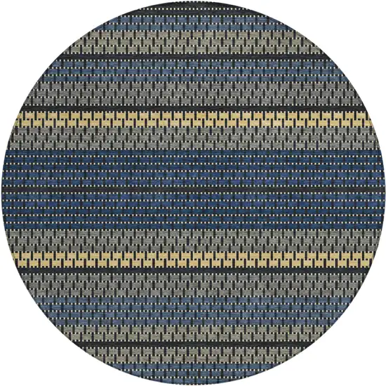 8' Navy Blue Gold And Black Round Striped Washable Indoor Outdoor Area Rug Photo 1