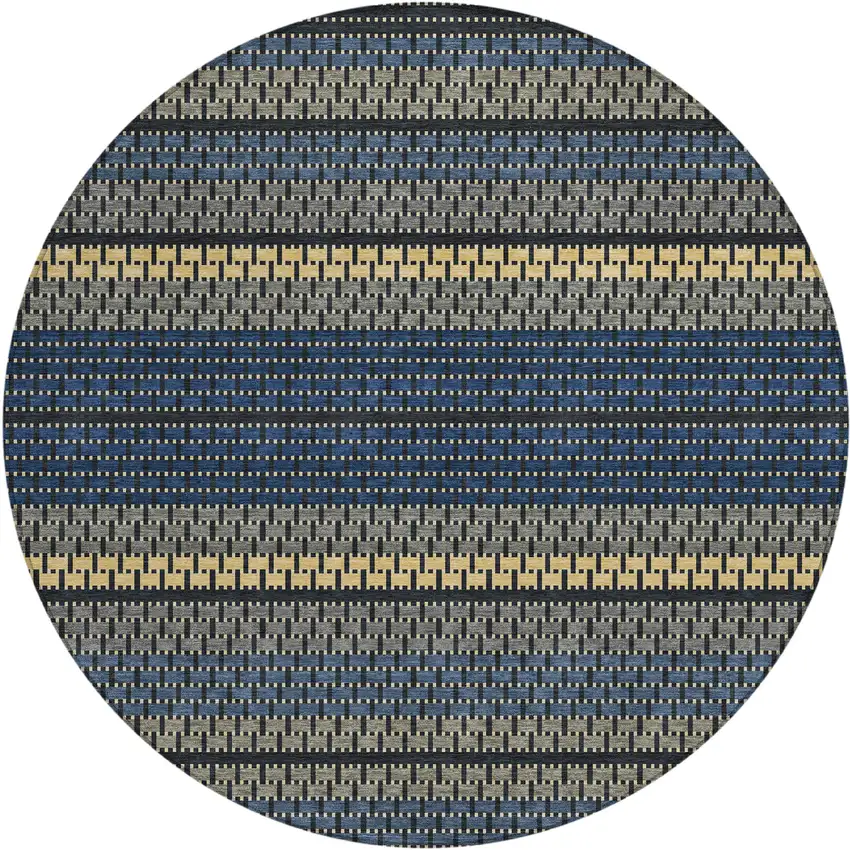 8' Navy Blue Gold And Black Round Striped Washable Indoor Outdoor Area Rug Photo 1