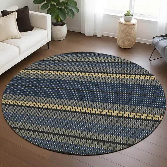 8' Navy Blue Gold And Black Round Striped Washable Indoor Outdoor Area Rug Photo 5