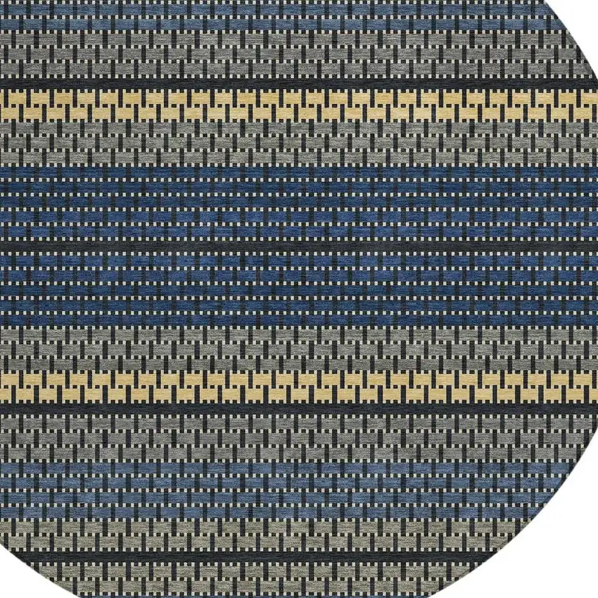 8' Navy Blue Gold And Black Round Striped Washable Indoor Outdoor Area Rug Photo 2