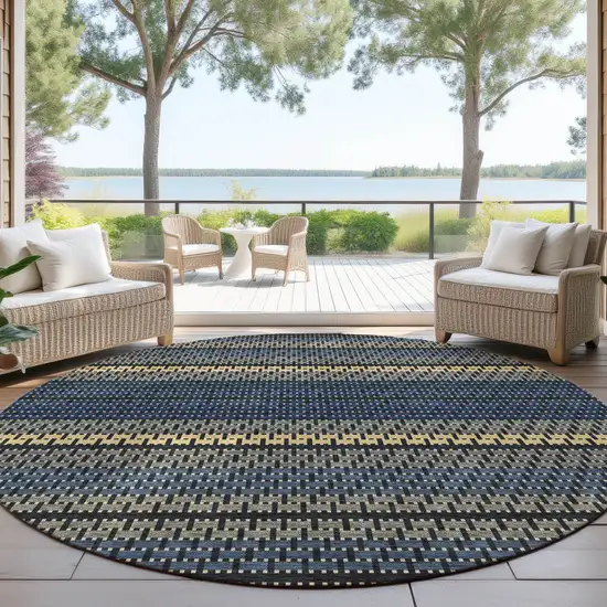 8' Navy Blue Gold And Black Round Striped Washable Indoor Outdoor Area Rug Photo 4