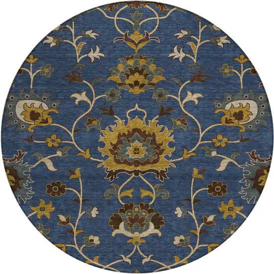 8' Navy Blue Gold And Brown Round Floral Washable Indoor Outdoor Area Rug Photo 2