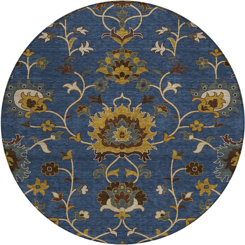 8' Navy Blue Gold And Brown Round Floral Washable Indoor Outdoor Area Rug Photo 2