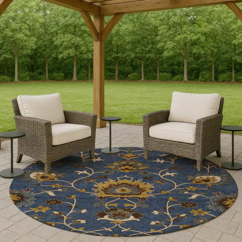8' Navy Blue Gold And Brown Round Floral Washable Indoor Outdoor Area Rug Photo 8