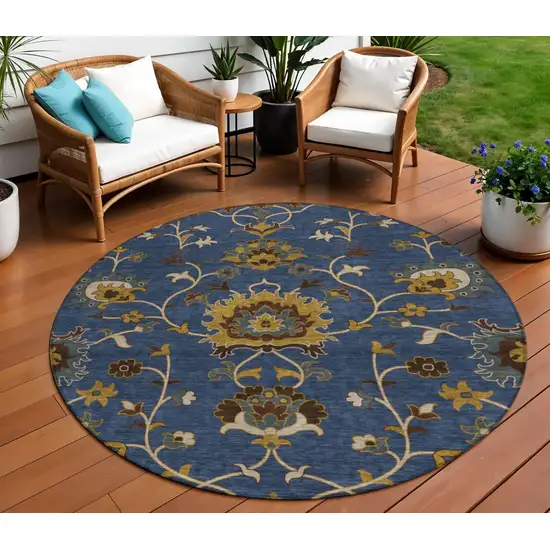 8' Navy Blue Gold And Brown Round Floral Washable Indoor Outdoor Area Rug Photo 1