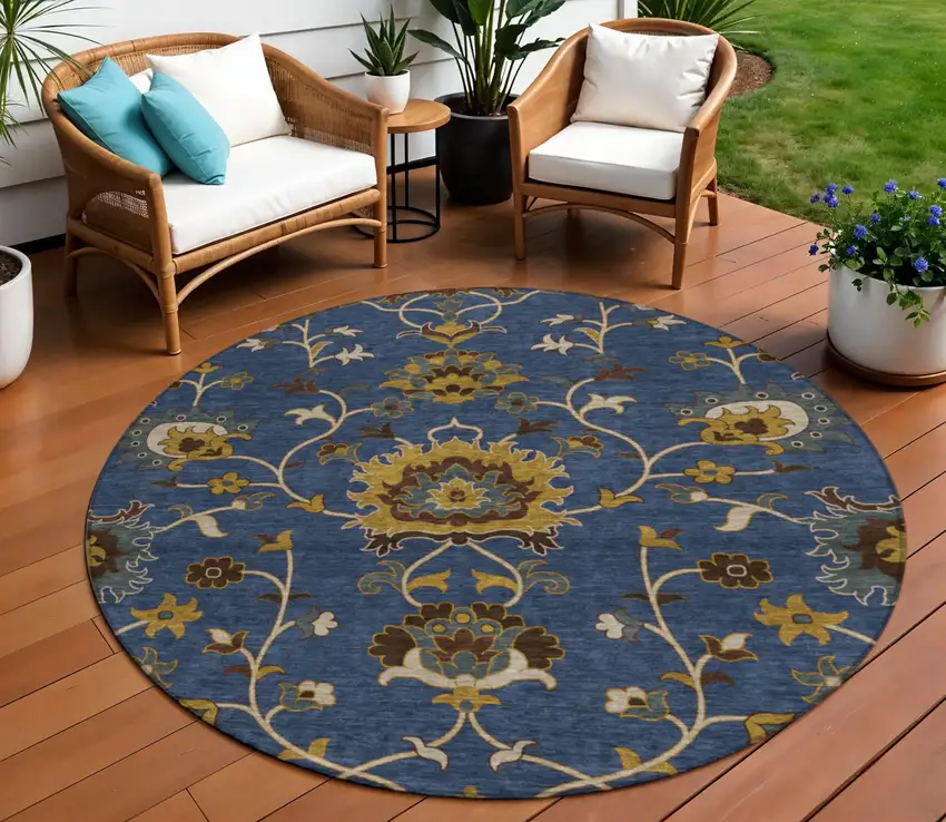 8' Navy Blue Gold And Brown Round Floral Washable Indoor Outdoor Area Rug Photo 1