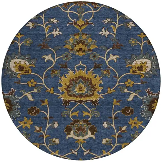 8' Navy Blue Gold And Brown Round Floral Washable Indoor Outdoor Area Rug Photo 4