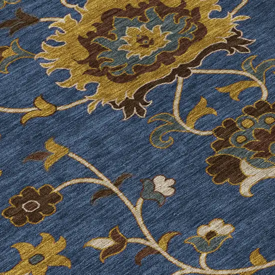 8' Navy Blue Gold And Brown Round Floral Washable Indoor Outdoor Area Rug Photo 7