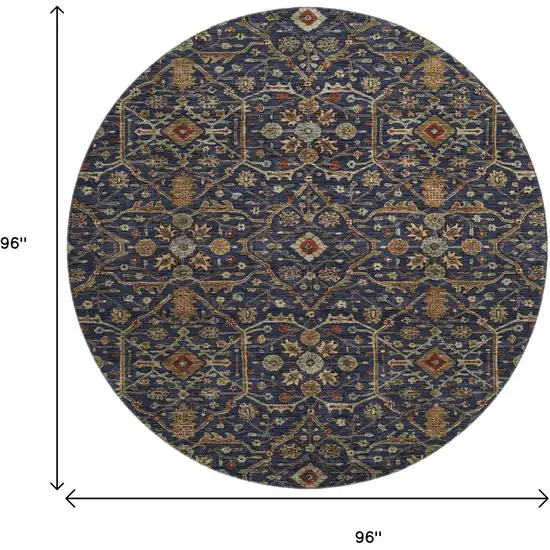 8' Navy Blue Gold And Copper Oriental Washable Round Rug With UV Protection Photo 8