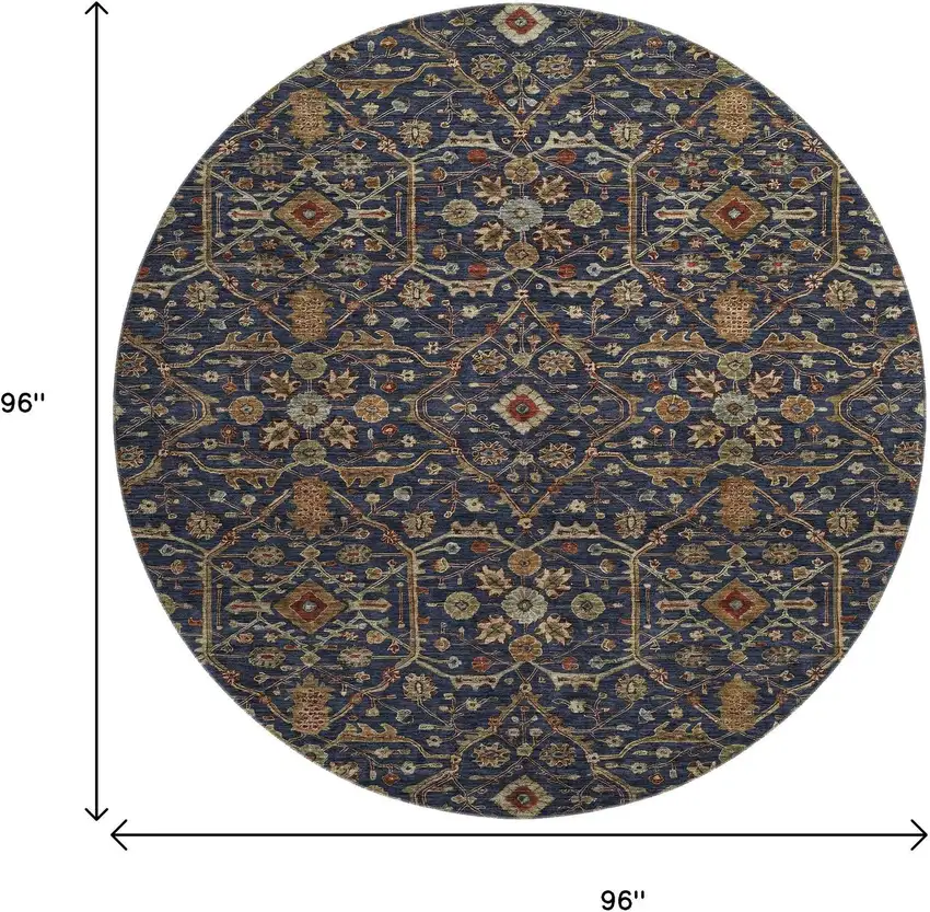 8' Navy Blue Gold And Copper Oriental Washable Round Rug With UV Protection Photo 8