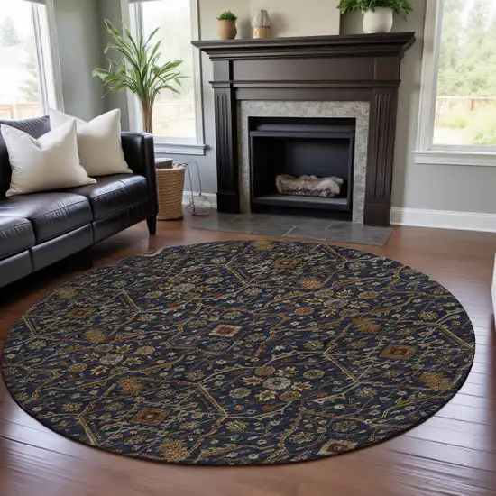 8' Navy Blue Gold And Copper Oriental Washable Round Rug With UV Protection Photo 3