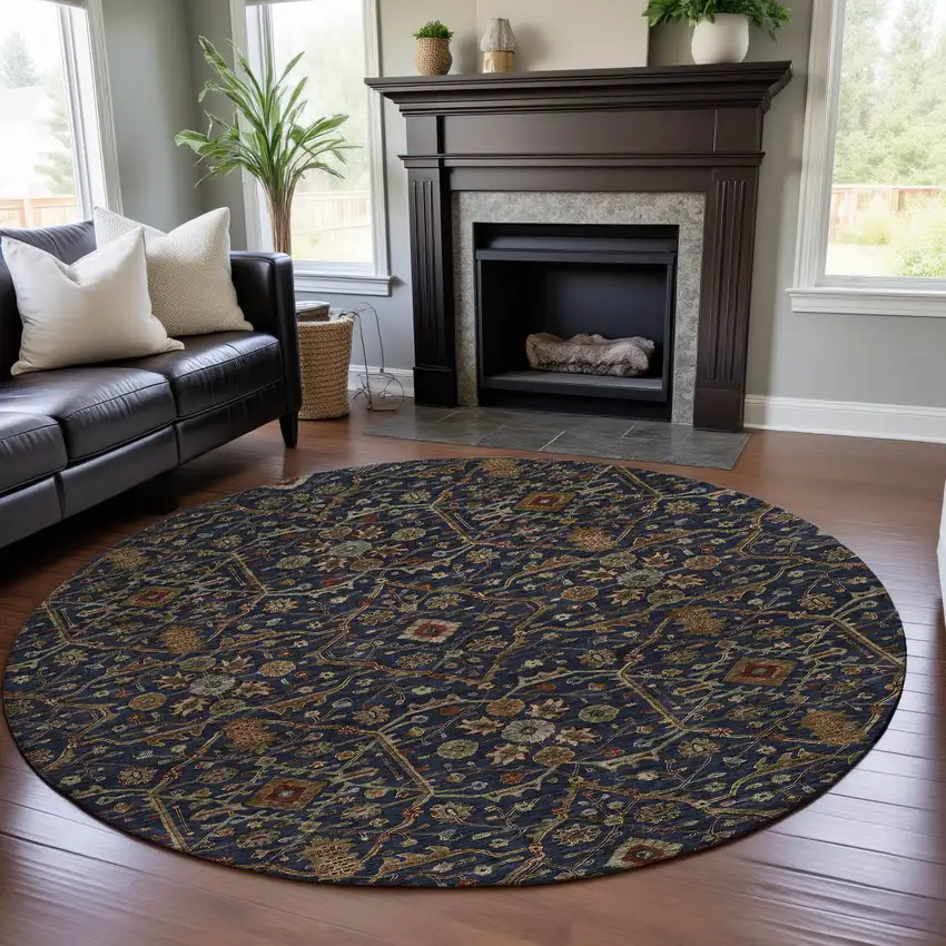 8' Navy Blue Gold And Copper Oriental Washable Round Rug With UV Protection Photo 3