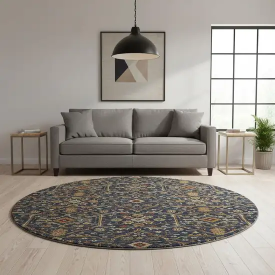8' Navy Blue Gold And Copper Oriental Washable Round Rug With UV Protection Photo 2