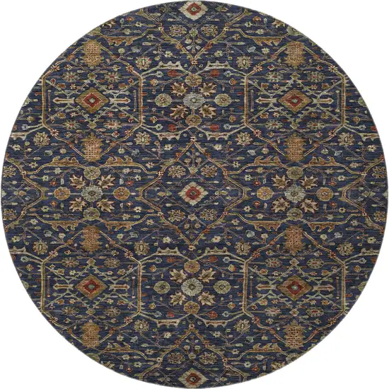 8' Navy Blue Gold And Copper Oriental Washable Round Rug With UV Protection Photo 2