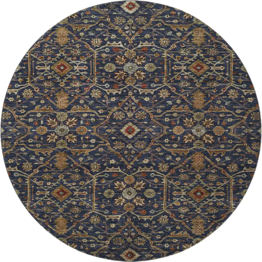 8' Navy Blue Gold And Copper Oriental Washable Round Rug With UV Protection Photo 2
