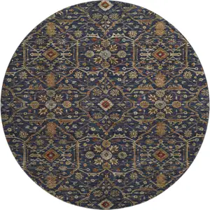 Photo of 8' Navy Blue Gold And Copper Oriental Washable Round Rug With UV Protection