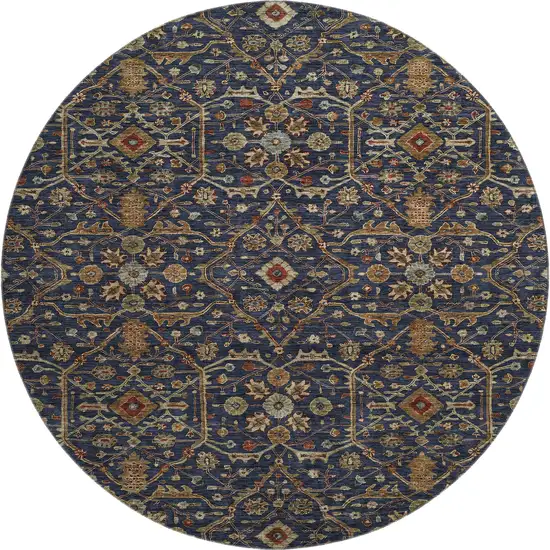 8' Navy Blue Gold And Copper Oriental Washable Round Rug With UV Protection Photo 1