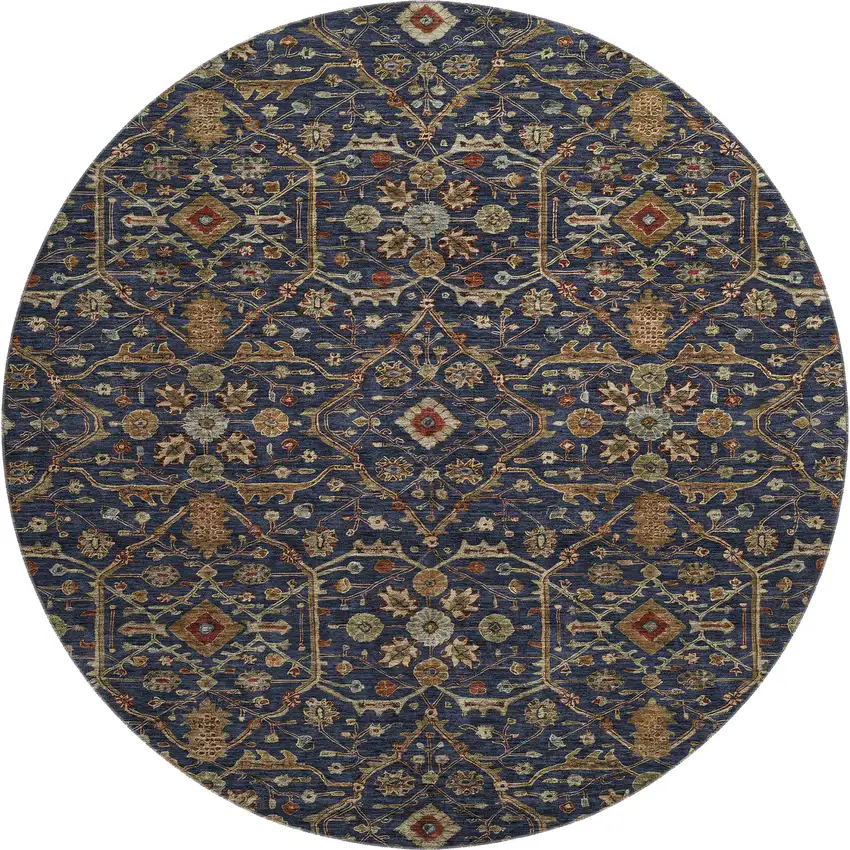 8' Navy Blue Gold And Copper Oriental Washable Round Rug With UV Protection Photo 1