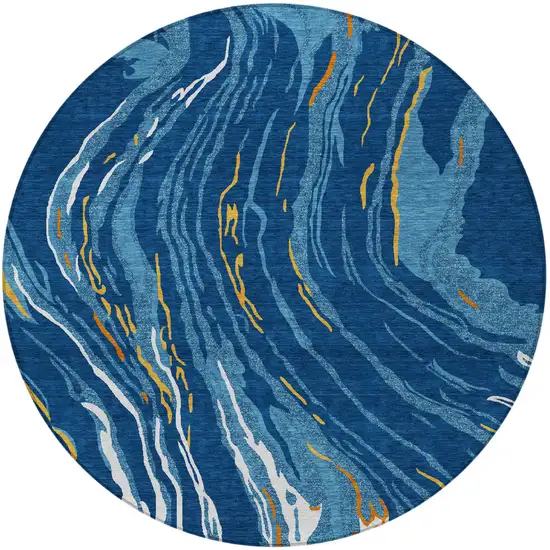 8' Navy Blue Gold And Copper Round Abstract Washable Indoor Outdoor Area Rug Photo 6
