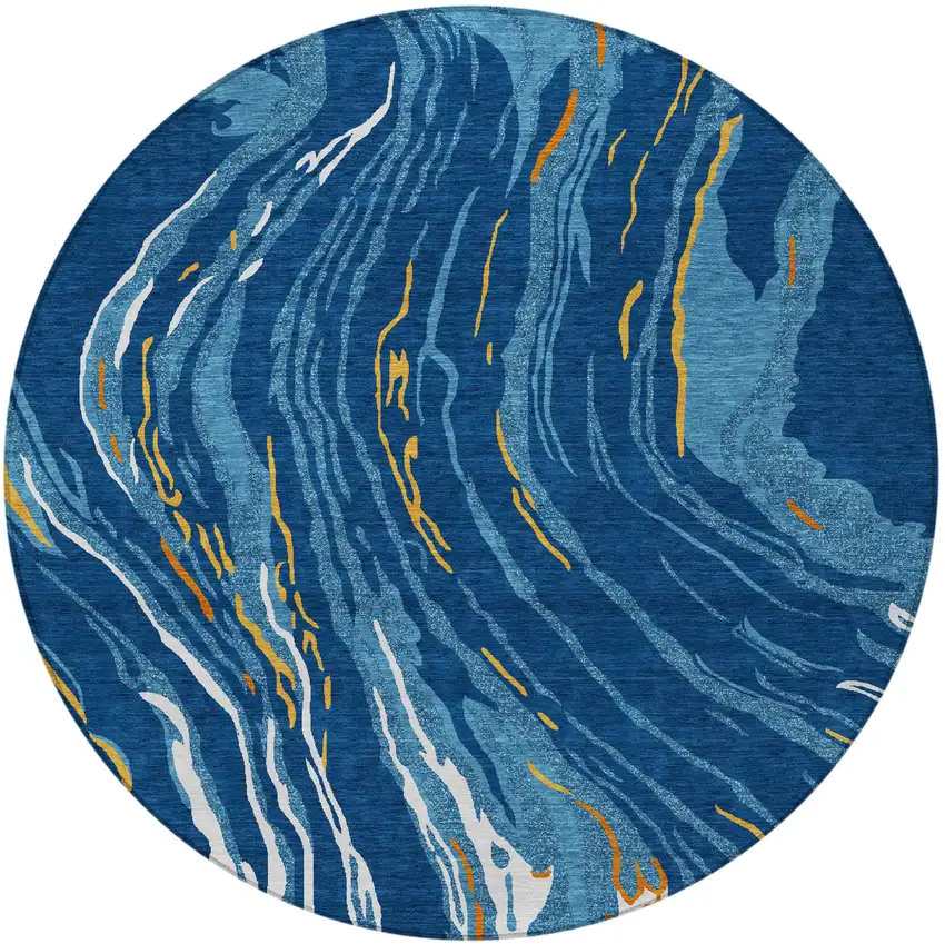 8' Navy Blue Gold And Copper Round Abstract Washable Indoor Outdoor Area Rug Photo 6