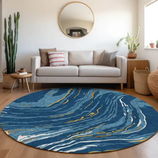 8' Navy Blue Gold And Copper Round Abstract Washable Indoor Outdoor Area Rug Photo 8
