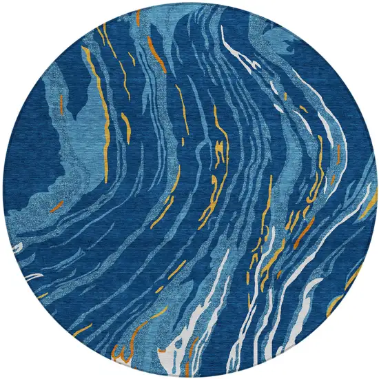 8' Navy Blue Gold And Copper Round Abstract Washable Indoor Outdoor Area Rug Photo 2