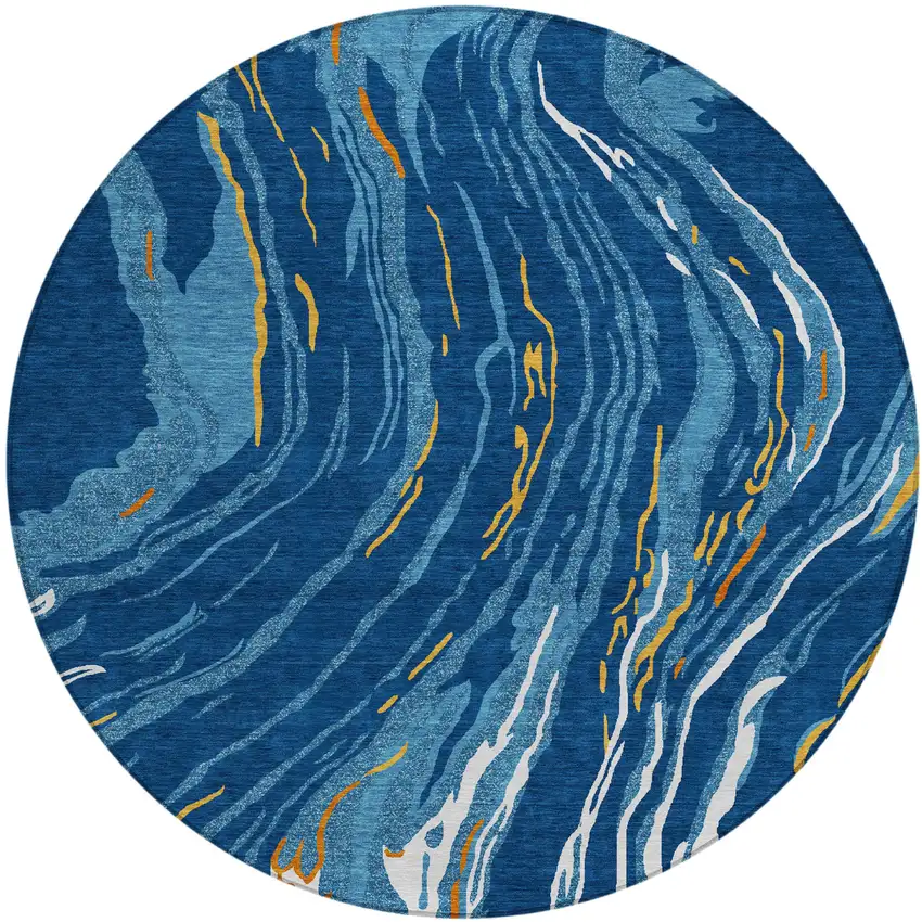 8' Navy Blue Gold And Copper Round Abstract Washable Indoor Outdoor Area Rug Photo 2