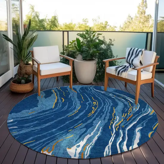 8' Navy Blue Gold And Copper Round Abstract Washable Indoor Outdoor Area Rug Photo 7