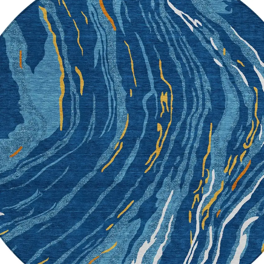 8' Navy Blue Gold And Copper Round Abstract Washable Indoor Outdoor Area Rug Photo 5