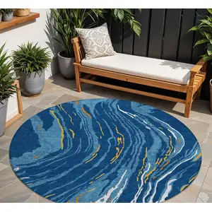 Photo of 8' Navy Blue Gold And Copper Round Abstract Washable Indoor Outdoor Area Rug