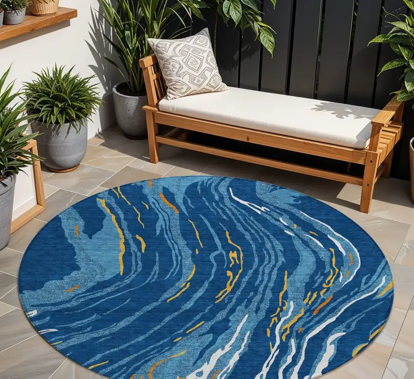 8' Navy Blue Gold And Copper Round Abstract Washable Indoor Outdoor Area Rug Photo 1