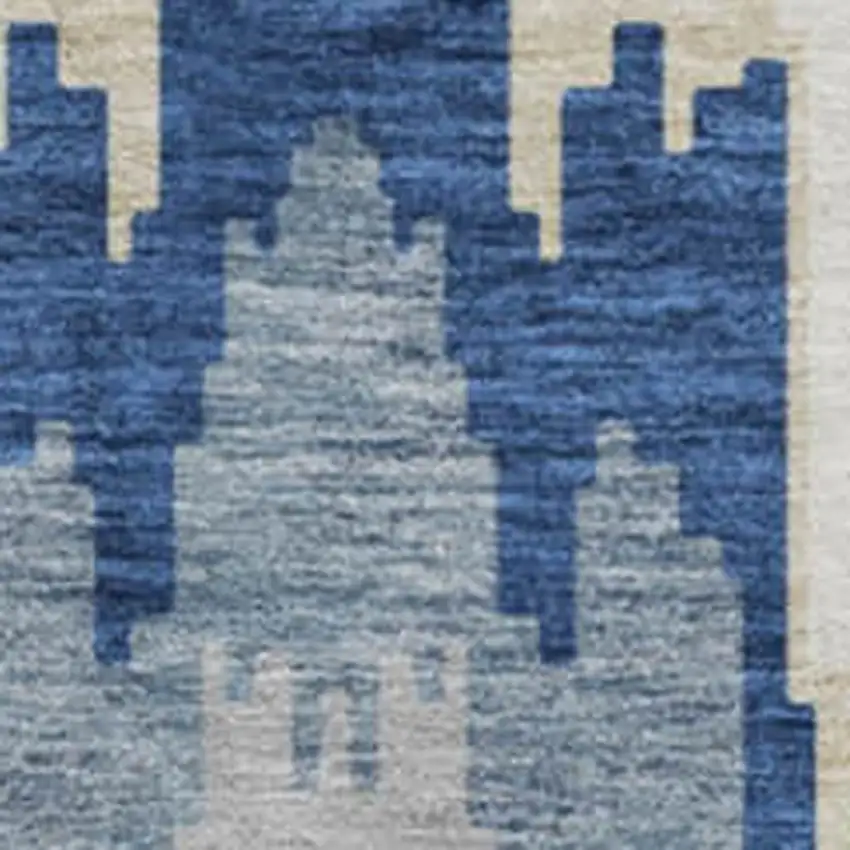 8' Navy Blue Gold And Ivory Ikat Washable Round Rug With UV Protection Photo 3