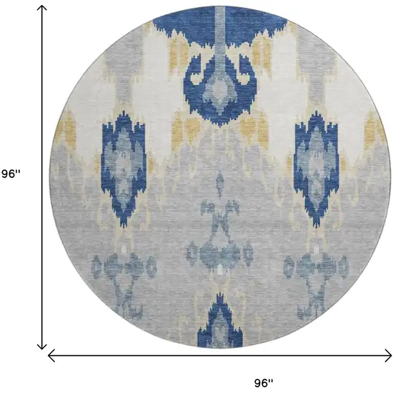 8' Navy Blue Gold And Ivory Ikat Washable Round Rug With UV Protection Photo 3