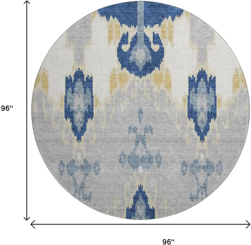 8' Navy Blue Gold And Ivory Ikat Washable Round Rug With UV Protection Photo 3