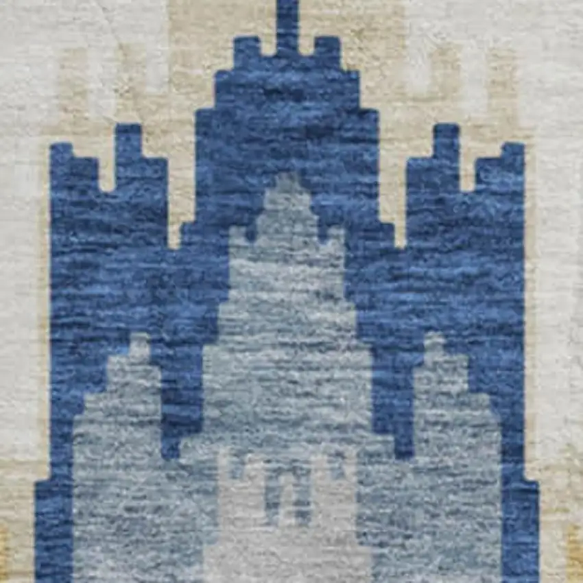 8' Navy Blue Gold And Ivory Ikat Washable Round Rug With UV Protection Photo 4