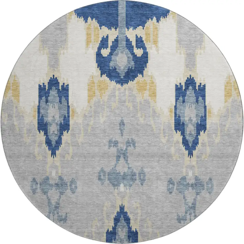 8' Navy Blue Gold And Ivory Ikat Washable Round Rug With UV Protection Photo 1