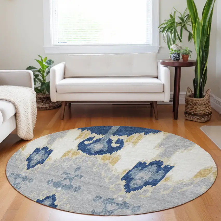 8' Navy Blue Gold And Ivory Ikat Washable Round Rug With UV Protection Photo 5