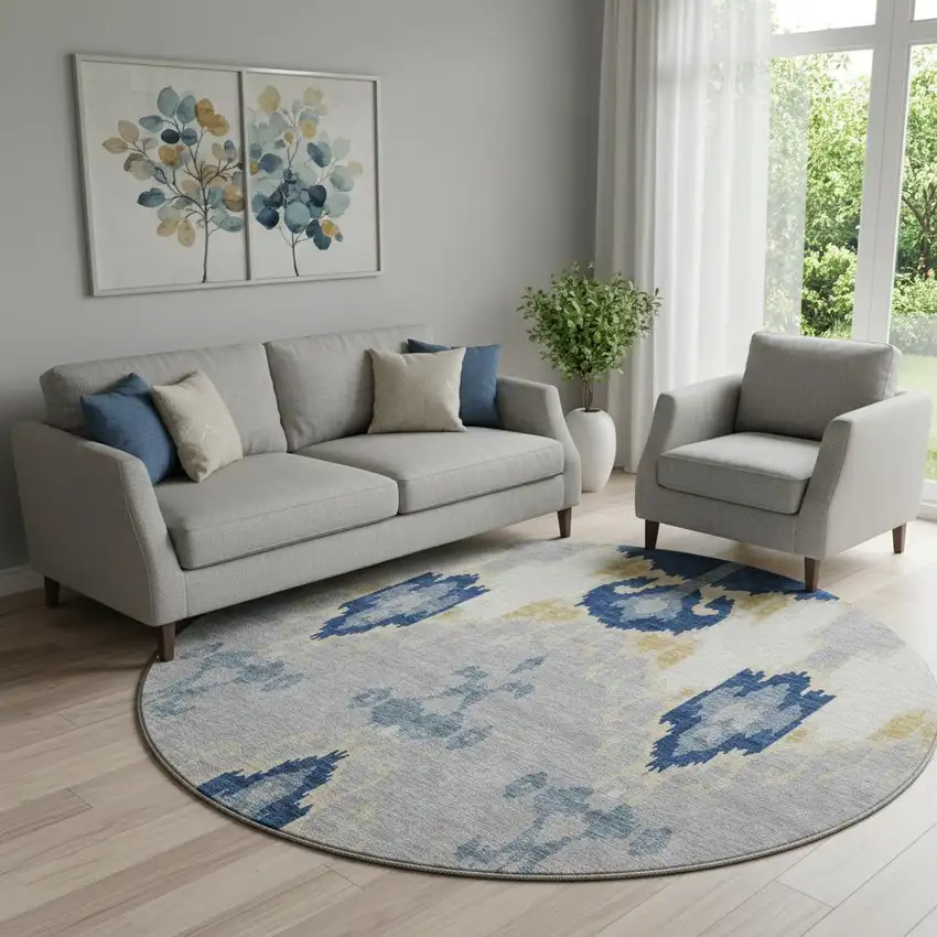 8' Navy Blue Gold And Ivory Ikat Washable Round Rug With UV Protection Photo 1