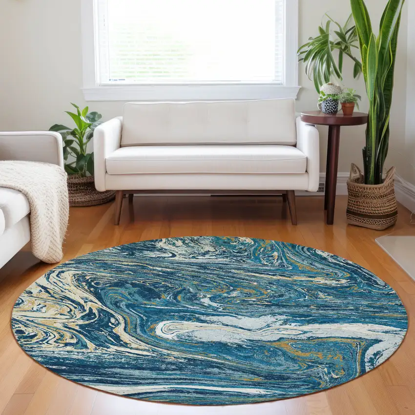 8' Navy Blue Gold And Ivory Round Abstract Washable Indoor Outdoor Area Rug Photo 9