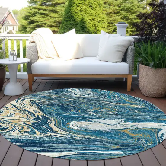 8' Navy Blue Gold And Ivory Round Abstract Washable Indoor Outdoor Area Rug Photo 8