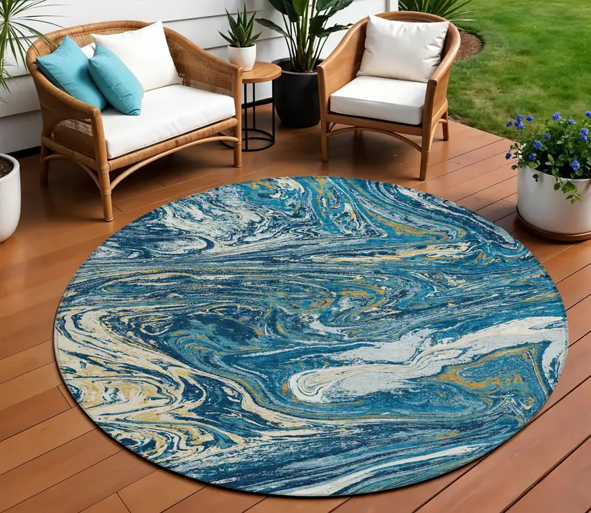 8' Navy Blue Gold And Ivory Round Abstract Washable Indoor Outdoor Area Rug Photo 1